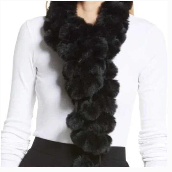Lane Bryant Genuine Rabbit Fur Pom Pom Black Scarf - Picture 1 of 5